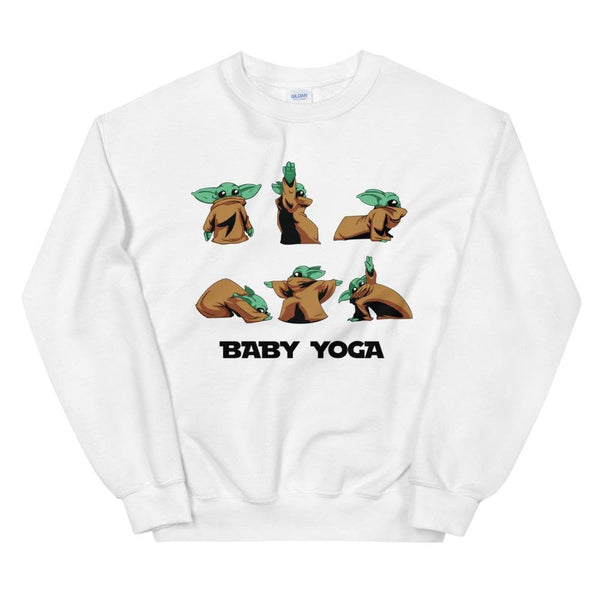 Pre-shrunk, classic fit sweater that's soft and warm with a fun and trendy graphic design. Affordable sweatshirt.  Baby Yoda doing yoga. 