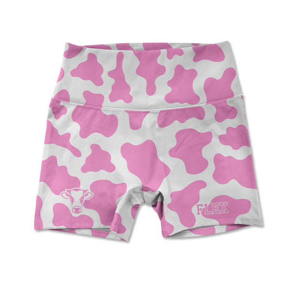 Printed Active Shorts - Pink Cow Print