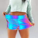 This Women's Liner Track Shorts is super unique and cool because of the Rainbow Reflective outer fabric that changes color when light hits it, perfect for festivals, shows, hiking, inner-space voyages, or anything your adventure calls for!