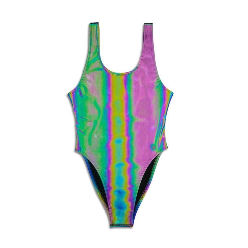 This Women’s One Piece Swimsuit is super unique and cool because of the Rainbow Reflective outer fabric that changes color when light hits it, perfect for festivals, shows, swimming, inner-space voyages, or anything your adventure calls for!