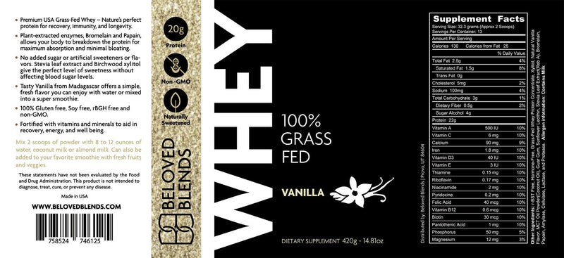 Premium Grass-Fed Whey, the perfect high-protein drink, easy-to-mix protein whey powder, vanilla flavored whey powder.