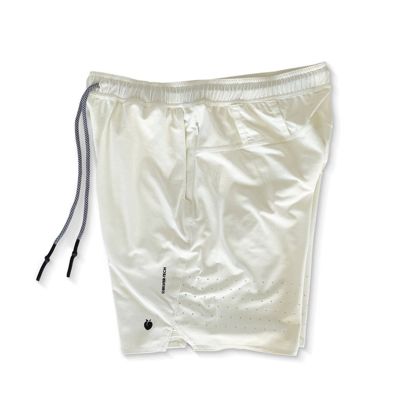 These shorts feature a utility loop for a shirt or towel, multiple pockets including a hidden zipper pocket for secure storage, and laser-cut diamond cutout vents for ventilation.