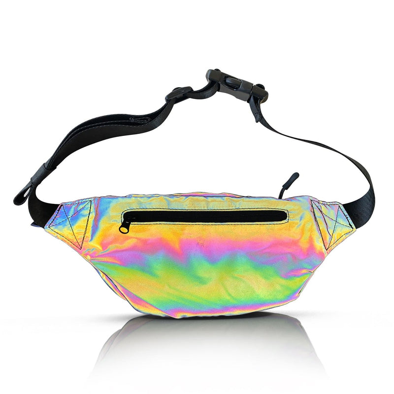 Fanny pack or crossbody bag that has a rainbow reflective outer fabric perfect for festivals, shows, hiking, inner-space voyages, or anything your adventure calls for!
