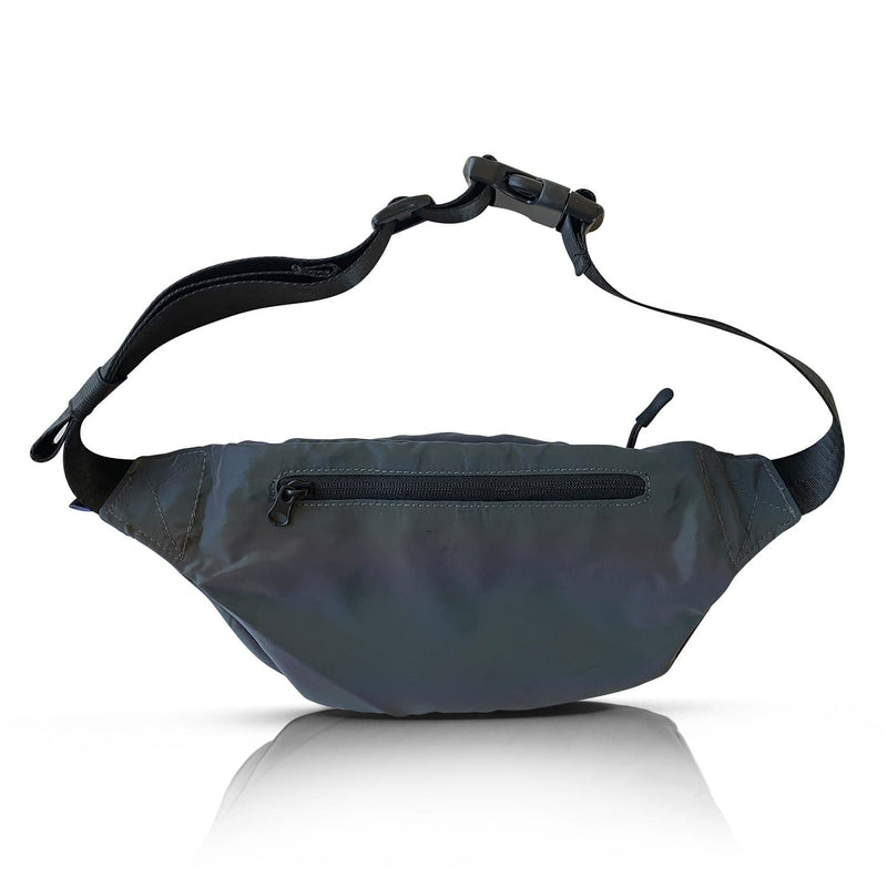 Fanny pack or crossbody bag that has a rainbow reflective outer fabric perfect for festivals, shows, hiking, inner-space voyages, or anything your adventure calls for!