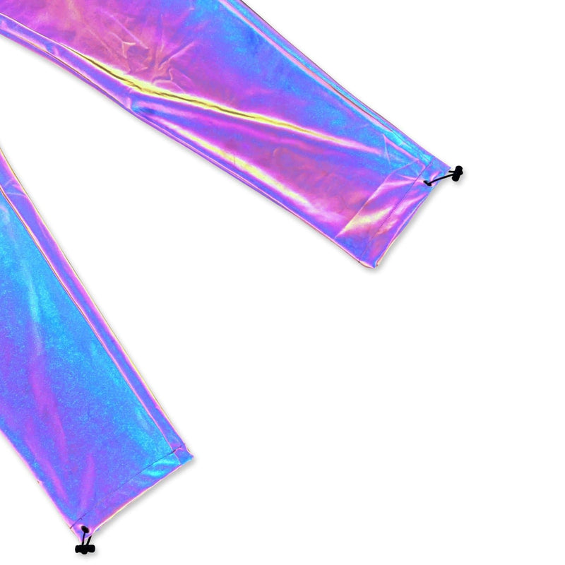 This Men's Track Pants is super unique and cool because of the Rainbow Reflective outer fabric that changes color when light hits it, perfect for festivals, shows, hiking, inner-space voyages, or anything your adventure calls for!