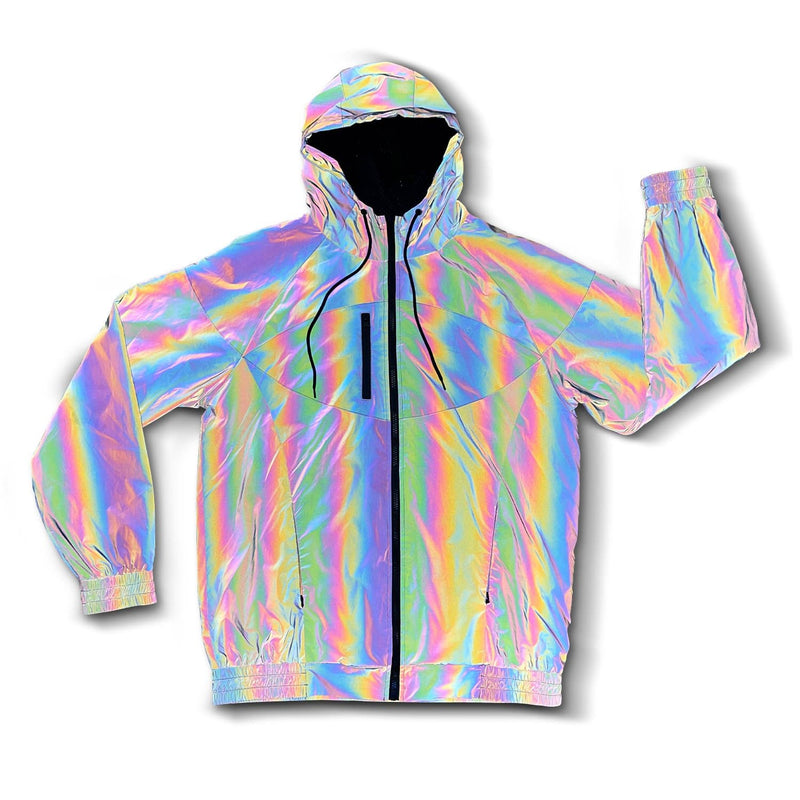 This Unisex Windbreaker Jacket is super unique and cool because of the Rainbow Reflective outer fabric that changes color when light hits it, perfect for festivals, shows, hiking, inner-space voyages, or anything your adventure calls for!