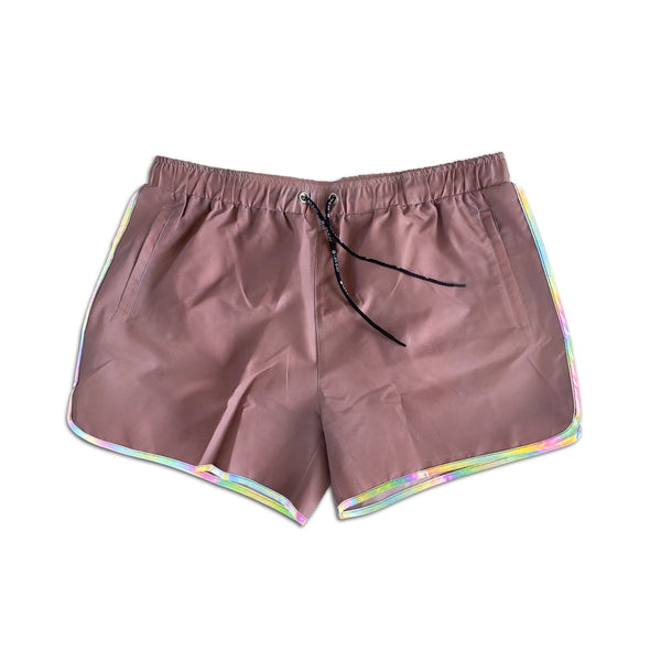 70's vintage quad short fit, rainbow reflective trim, and our all-new COLOR-CHANGING fabric! These shorts are amazing and can actually be used as a hybrid for both swimming and working out at the gym.