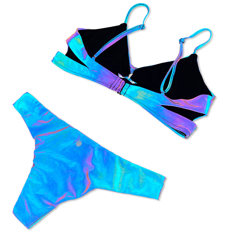 This Women's Bikini Top is super unique and cool because of the Rainbow Reflective outer fabric that changes color when light hits it, perfect for festivals, shows, hiking, inner-space voyages, or anything your adventure calls for!
