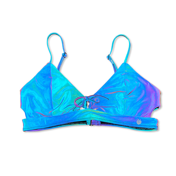 This Women's Bikini Top is super unique and cool because of the Rainbow Reflective outer fabric that changes color when light hits it, perfect for festivals, shows, hiking, inner-space voyages, or anything your adventure calls for!