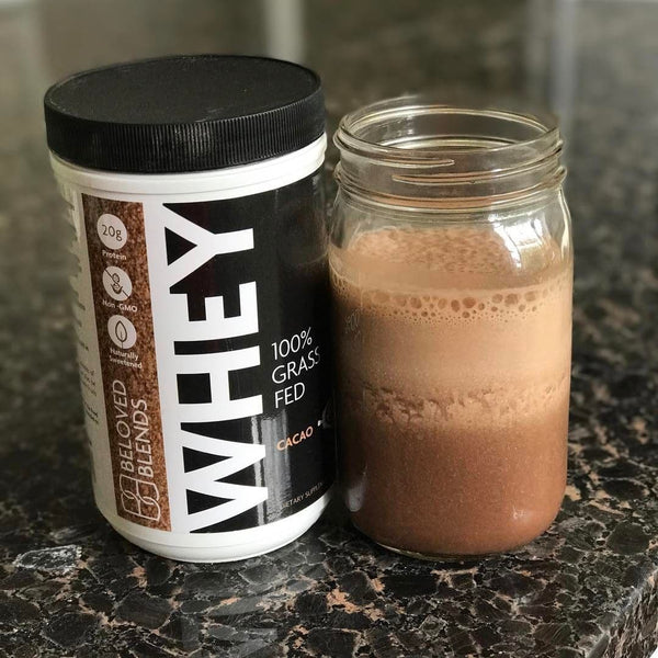 Premium Grass-Fed Whey, the perfect high-protein drink, easy-to-mix protein whey powder, cacao flavored whey powder.