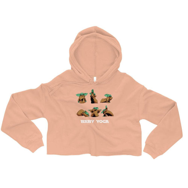 Unique and trendy graphic crop hoodie. Premium lightweight crop top hoodie. Crop hoodie with Baby Yoda doing yoga. Pink hoodie