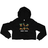 Unique and trendy graphic crop hoodie. Premium lightweight crop top hoodie. Crop hoodie with Baby Yoda doing yoga.