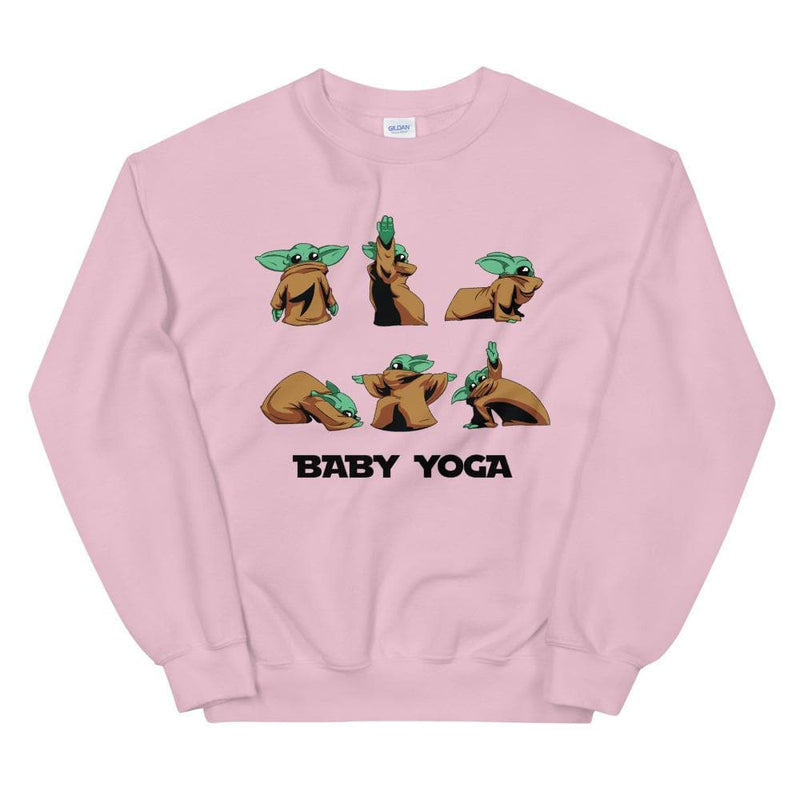 Pre-shrunk, classic fit sweater that's soft and warm with a fun and trendy graphic design. Affordable sweatshirt. Baby Yoda doing yoga.